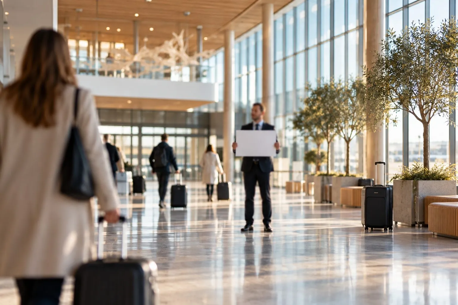 Bright airport arrivals hall where a greeter in a dark suit holds up a sign as travellers with suitcases walk through