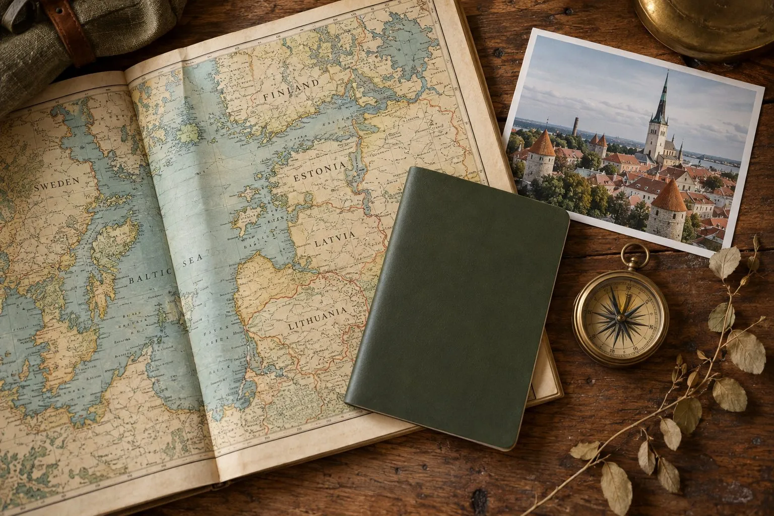 Vintage map of the Baltic Sea on a wooden desk, with a passport, a brass compass and a photo of Tallinn