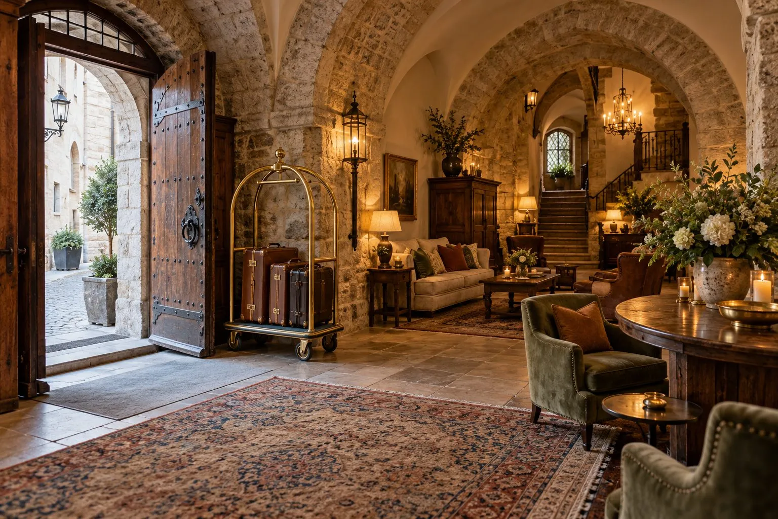 Boutique hotel lobby inside a medieval stone building, with vaulted arched ceilings, warm lamplight and a brass luggage trolley near the open door