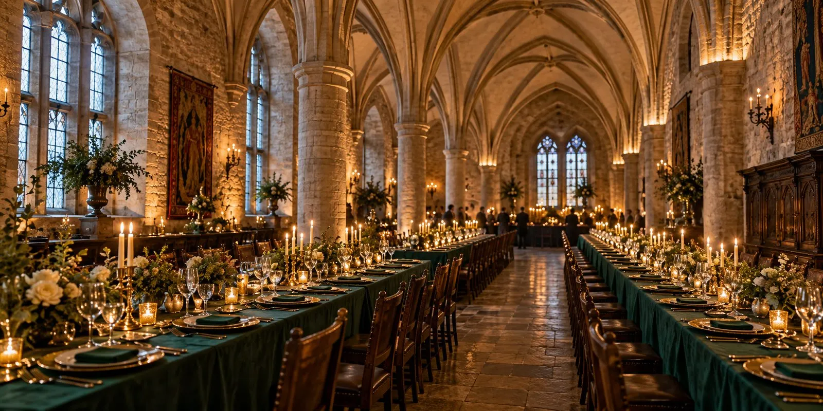 Candle-lit Gothic vaulted hall with long tables set for a gala dinner