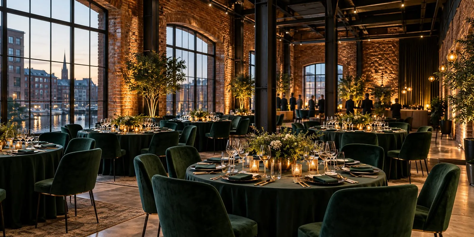 Industrial-style brick venue with round tables set for dinner and large windows onto a harbour at dusk